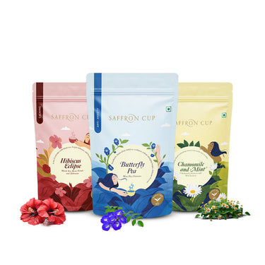 Saffron Cup Flower Tea Combo – Hibiscus Eclipse + Butterfly Pea + Chamomile Mint - saffroncup